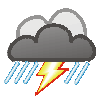 Tagsymbol, Symbolcode "v", Dichte Wolken, kräftige Regenschauer und Gewitter wahrscheinlich