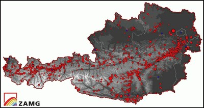 Epizentrenkarte der Beben Österreichs zwischen dem Jahre 1000 bis 2011. © ZAMG Geophysik 