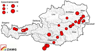 Epizentrenkarte der stärkeren Beben Österreichs seit dem Jahr 1201
