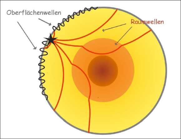 Ausbreitung der Raumwellen und der Oberflächenwellen im Erdinneren. © ZAMG Geophysik