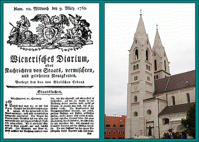 Deckblatt des „Wienerischen Diariums”, einem Vorläufer der „Wiener Zeitung”, welcher am 19. März 1768 über das Beben berichtete sowie den Dom in Wiener Neustadt, welcher bei diesem Erdbeben schwer beschädigt wurde