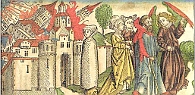 Holzschnitt aus der 'Weltchronik' von Hartmann Schedel, 1493. 'Und der Engel nahm das Rauchfaß und füllte es mit Feuer vom Altar und warf es auf die Erde, und Donner folgten, Getöse, Blitze und Beben.' Offenbarung 8,5 © ZAMG Geophysik Hammerl